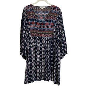 Umgee Womens Boho Tunic 2XL Blue Red Mixed Print 3/4 Sleeve